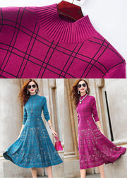 Elegant Rose Turtle Neck Plaid Knit Sweater Dress Winter