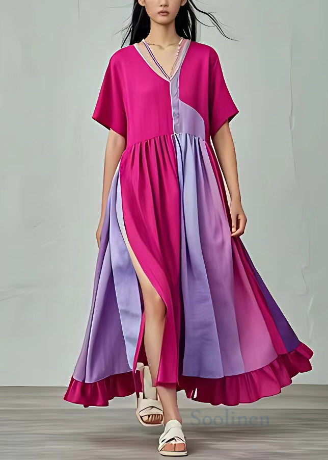 Elegant Rose V Neck Patchwork Cotton Long Dresses Summer