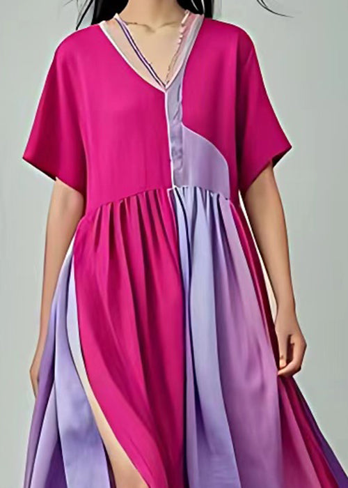 Elegant Rose V Neck Patchwork Cotton Long Dresses Summer