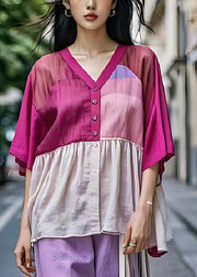 Elegant Rose V Neck Patchwork Cotton Shirt Top Summer