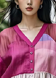 Elegant Rose V Neck Patchwork Cotton Shirt Top Summer