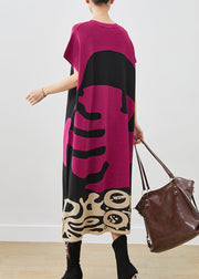 Elegant Rose V Neck Print Cotton Maxi Dress Short Sleeve