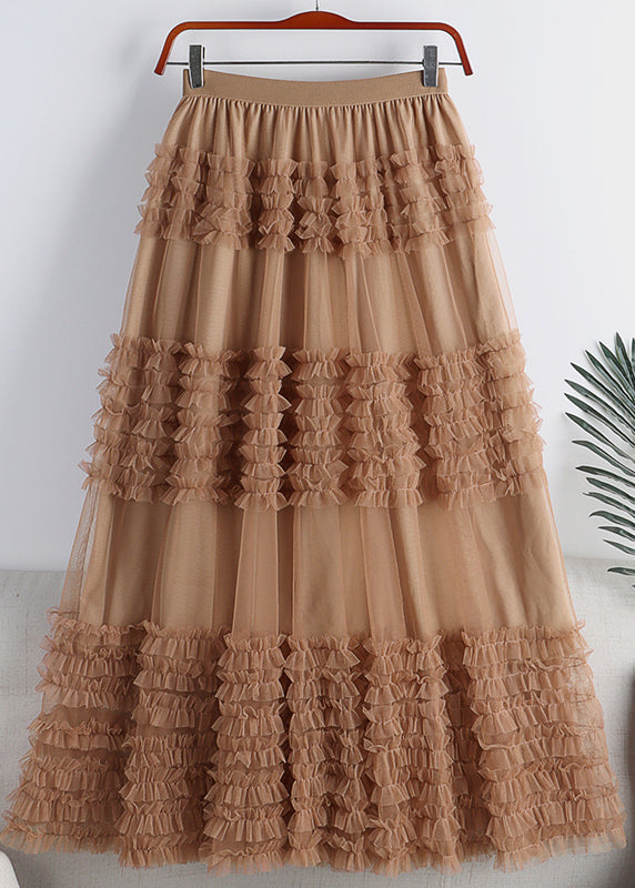 Elegant Ruffled Patchwork Elastic Waist Tulle A Line Skirt Spring