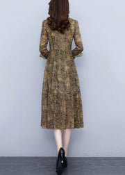 Elegant Ruffled Print High Waist Chiffon Dress Long Sleeve