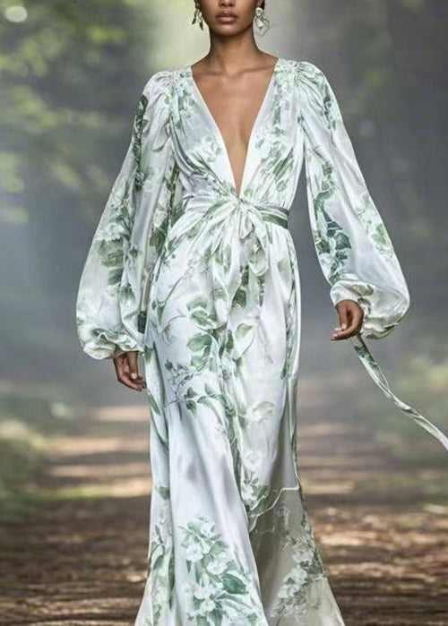 Elegant Sexy V Neck Print Silk Maxi Dress Spring