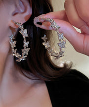 Elegant Silk Alloy Butterfly Patchwork Zircon C Shapes Hoop Earrings