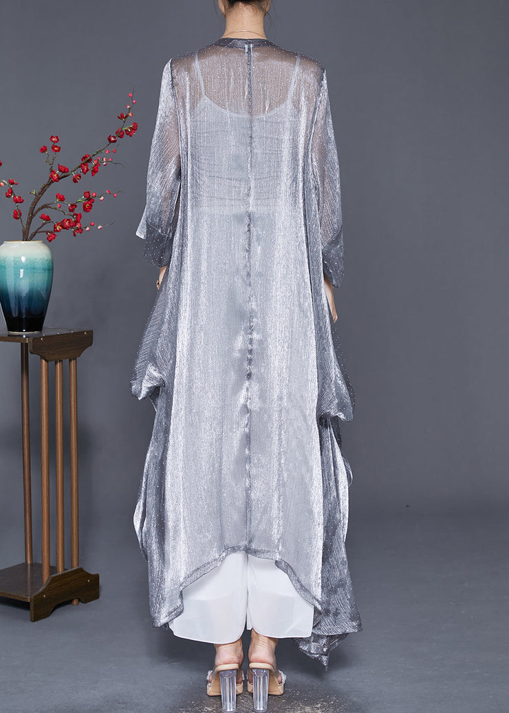 Elegant Silver Oversized Wrinkled Silk Long Cardigan Summer