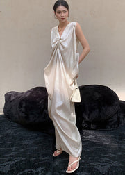 Elegant Silvery White V Neck Silk Maxi Dresses Sleeveless