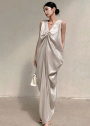 Elegant Silvery White V Neck Silk Maxi Dresses Sleeveless