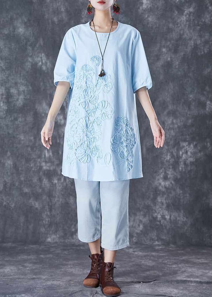 Elegant Sky Blue Embroidered Linen Mid Dress Summer