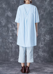 Elegant Sky Blue Embroidered Linen Mid Dress Summer