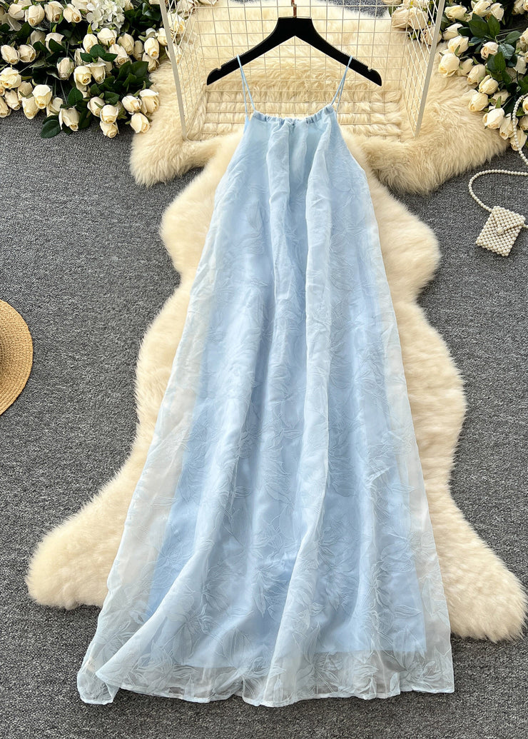 Elegant Sky Blue Jacquard Chiffon Spaghetti Strap Dress Summer