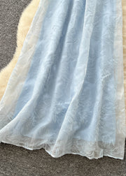 Elegant Sky Blue Jacquard Chiffon Spaghetti Strap Dress Summer