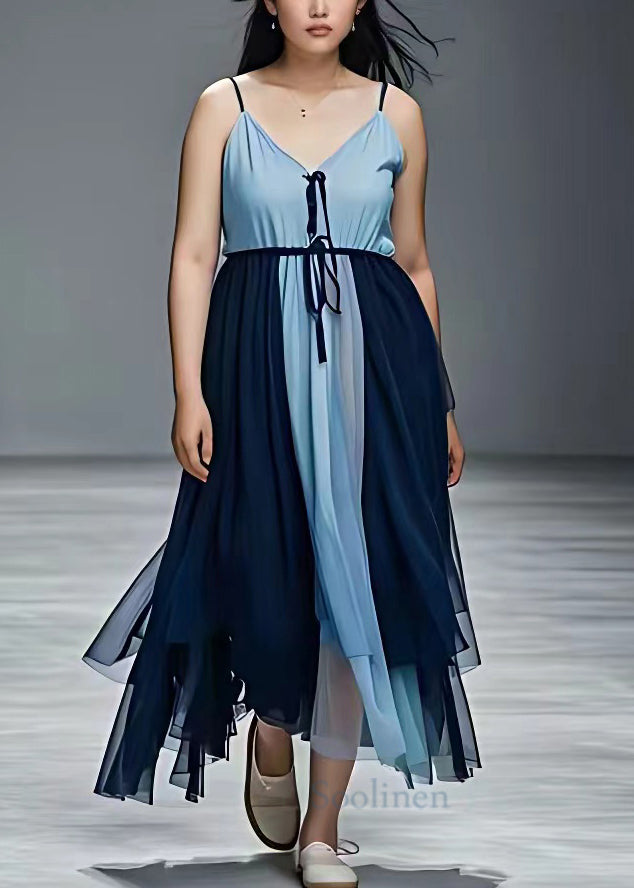 Elegant Sky Blue Lace Up Patchwork Chiffon Spaghetti Strap Dress Sleeveless