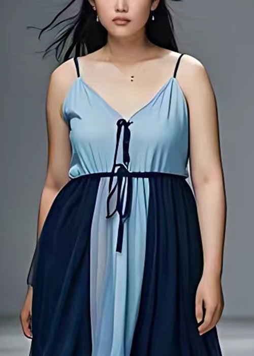 Elegant Sky Blue Lace Up Patchwork Chiffon Spaghetti Strap Dress Sleeveless