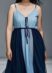 Elegant Sky Blue Lace Up Patchwork Chiffon Spaghetti Strap Dress Sleeveless