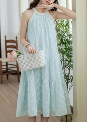 Elegant Sky Blue Pearl Bow Cotton Dresses Sleeveless