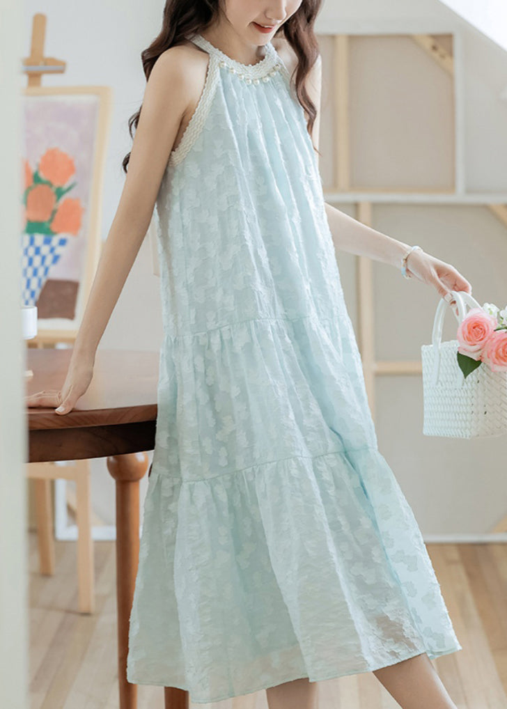 Elegant Sky Blue Pearl Bow Cotton Dresses Sleeveless
