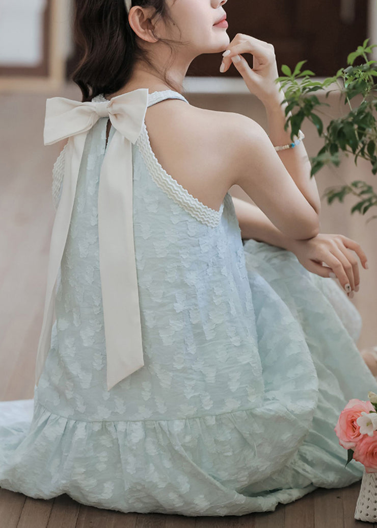 Elegant Sky Blue Pearl Bow Cotton Dresses Sleeveless