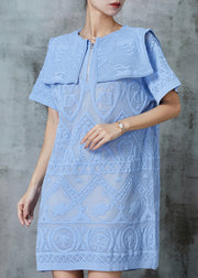 Elegant Sky Blue Sailor Collar Embroidered Lace Dress Summer