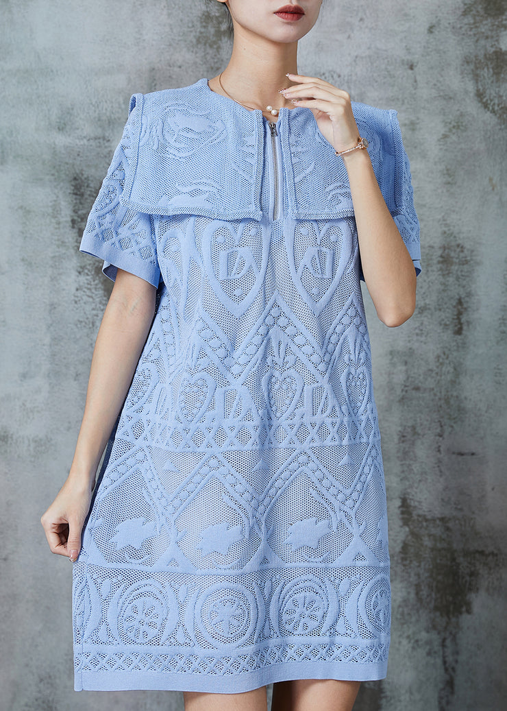 Elegant Sky Blue Sailor Collar Embroidered Lace Dress Summer