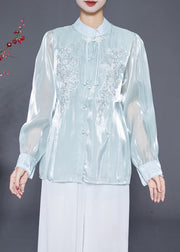 Elegant Sky Blue Tasseled Embroidered Silk Blouses Fall