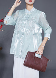 Elegant Sky Blue Tasseled Embroidered Silk Blouses Fall