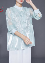 Elegant Sky Blue Tasseled Embroidered Silk Blouses Fall