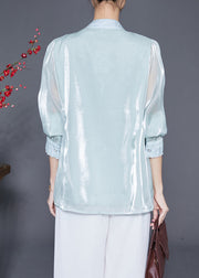 Elegant Sky Blue Tasseled Embroidered Silk Blouses Fall