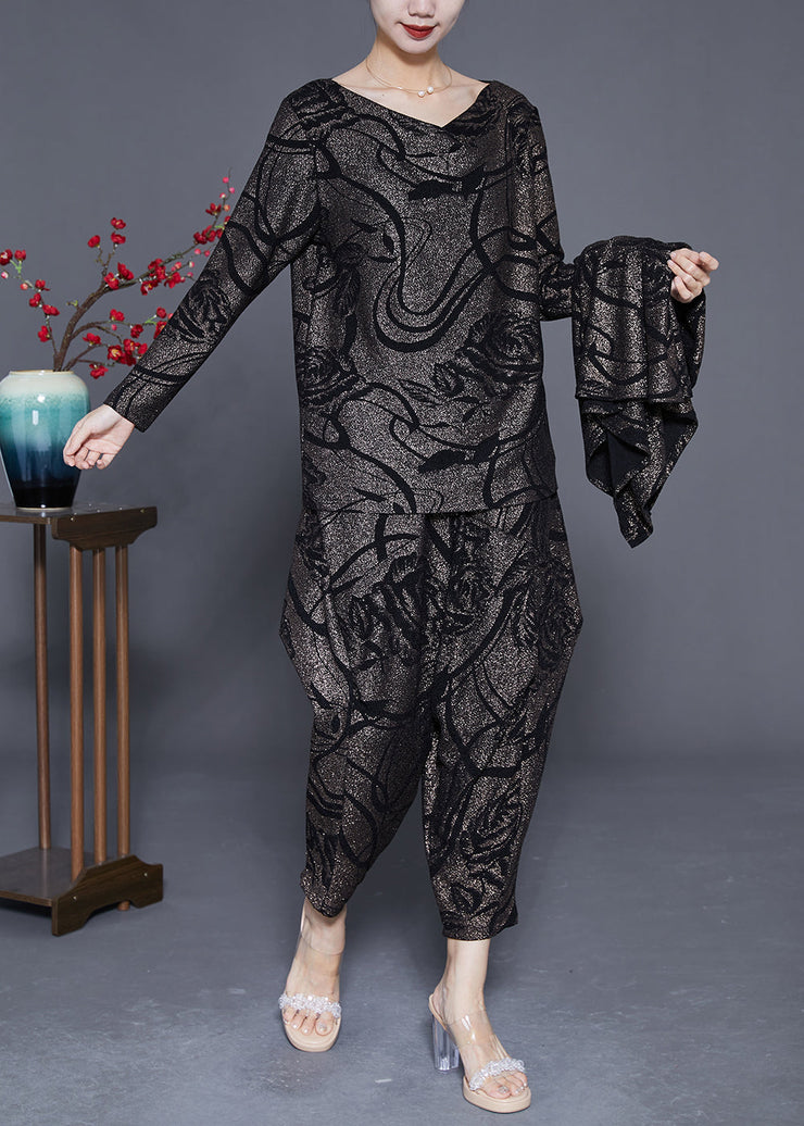 Elegant Slash Neck Oversized Print Silk Three Pieces Set Spring