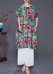 Elegant Slim Fit Floral Print Linen Holiday Dress Summer