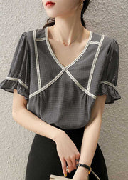 Elegant Small Plaid Ruffled Patchwork Silk Tops Summer