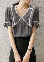 Elegant Small Plaid Ruffled Patchwork Silk Tops Summer