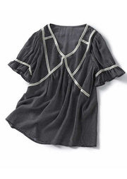 Elegant Small Plaid Ruffled Patchwork Silk Tops Summer