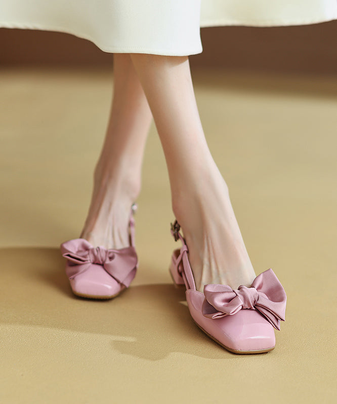 Elegant Splicing Bow Chunky Sandals Pink Cowhide Leather