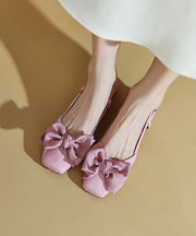 Elegant Splicing Bow Chunky Sandals Pink Cowhide Leather