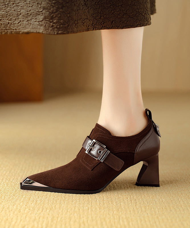 Elegant Splicing Chunky High Heels Brown Suede Pointed Toe