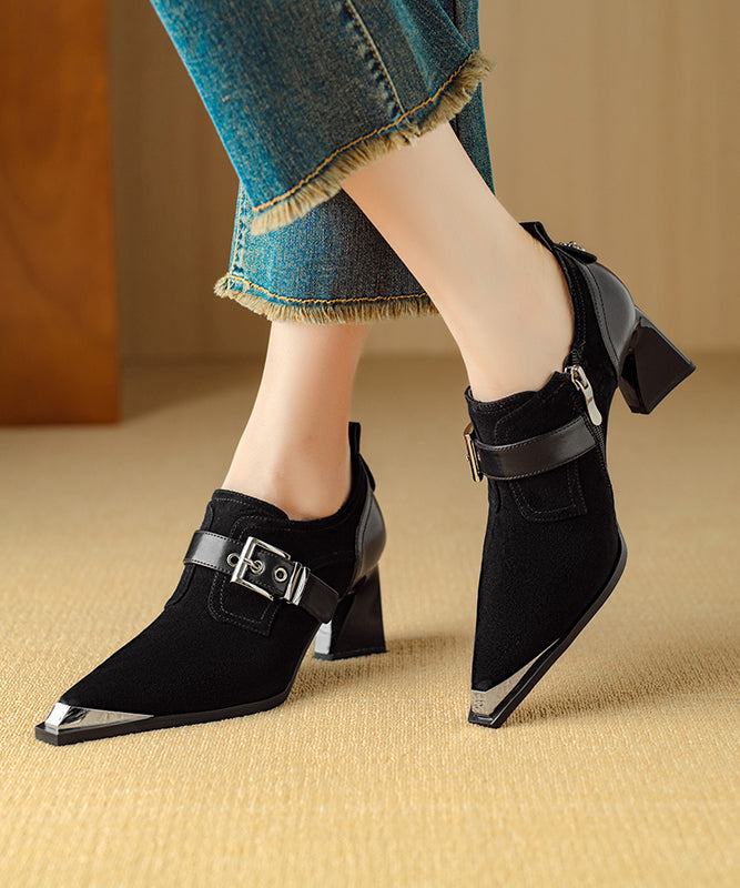 Elegant Splicing Chunky High Heels Brown Suede Pointed Toe