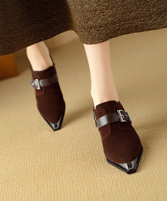 Elegant Splicing Chunky High Heels Brown Suede Pointed Toe