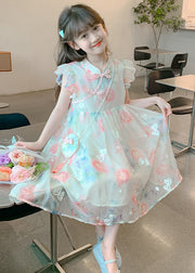 Elegant Stand Collar Print Chiffon Girls Dresses Summer