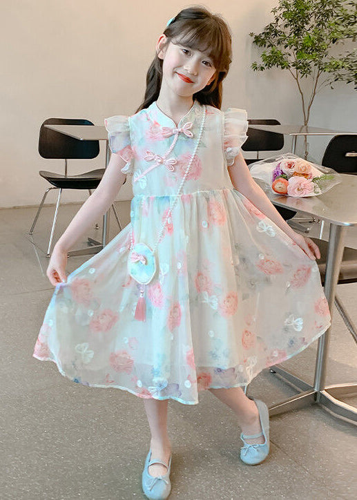 Elegant Stand Collar Print Chiffon Girls Dresses Summer