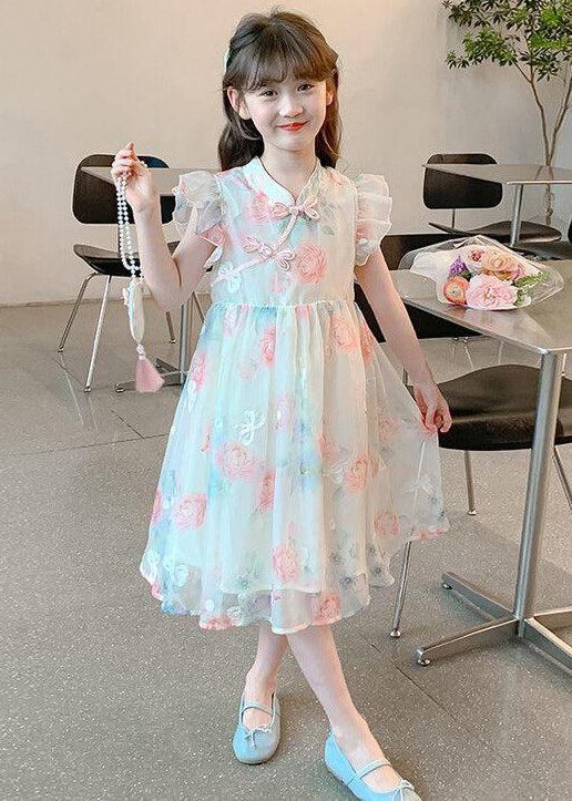 Elegant Stand Collar Print Chiffon Girls Dresses Summer