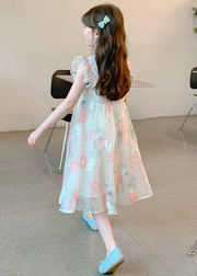 Elegant Stand Collar Print Chiffon Girls Dresses Summer