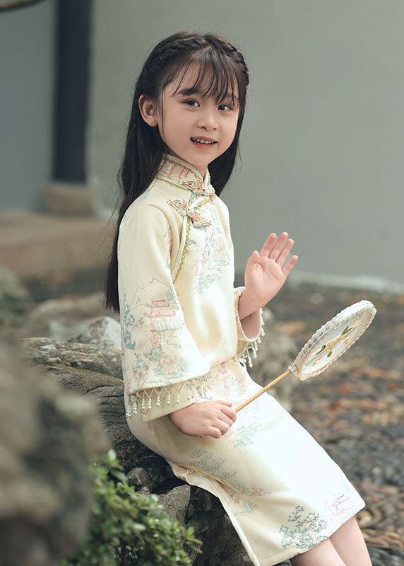 Elegant Stand Collar Print Side Open Faux Suede Kids Long Dresses Spring