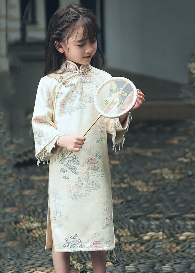 Elegant Stand Collar Print Side Open Faux Suede Kids Long Dresses Spring