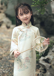 Elegant Stand Collar Print Side Open Faux Suede Kids Long Dresses Spring