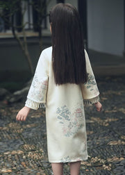 Elegant Stand Collar Print Side Open Faux Suede Kids Long Dresses Spring