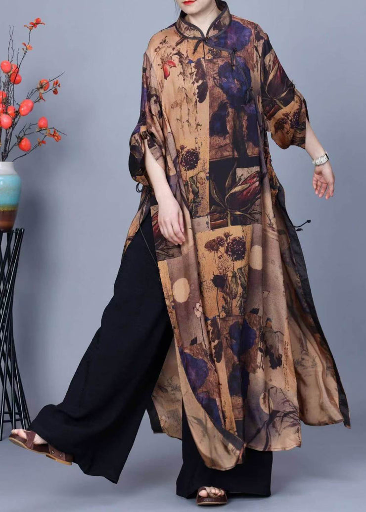 Elegant Stand Collar Print Side Open Silk Two Pieces Set Winter