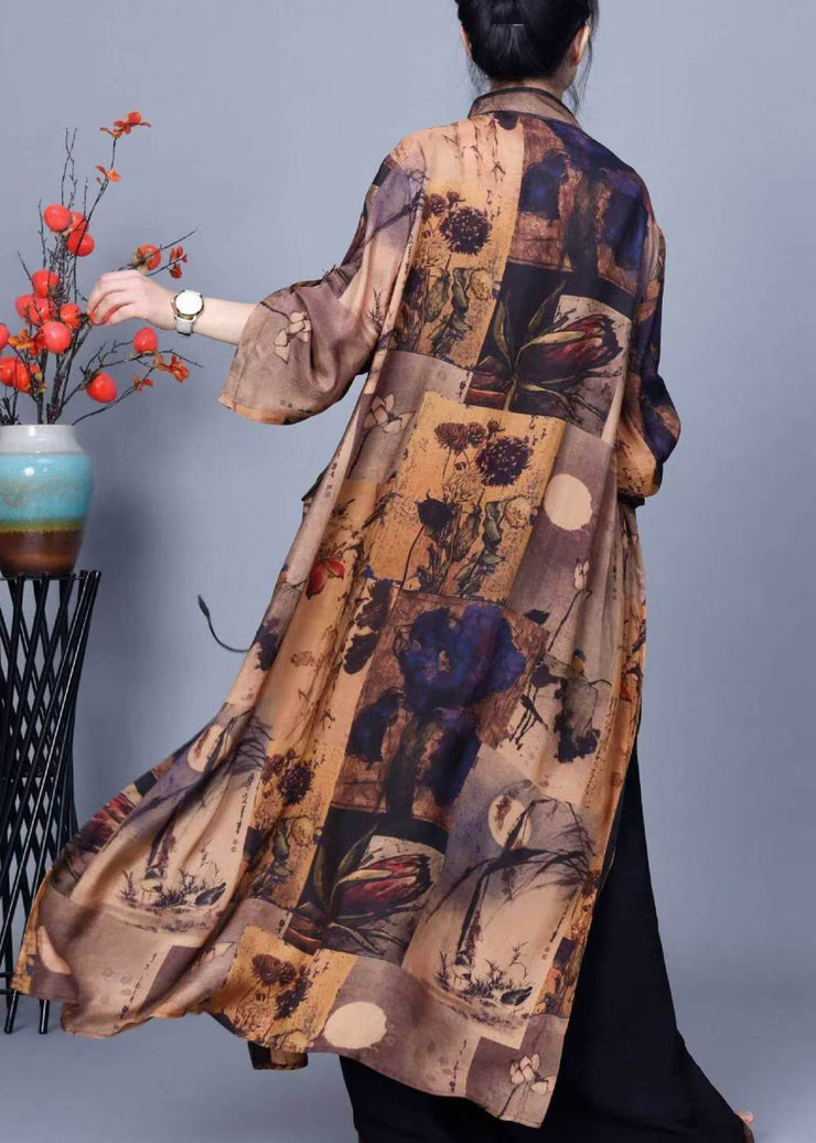 Elegant Stand Collar Print Side Open Silk Two Pieces Set Winter