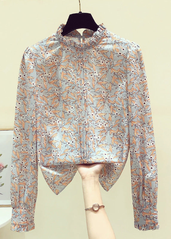 Elegant Stand Collarc Ruffled Print Chiffon Shirts Spring